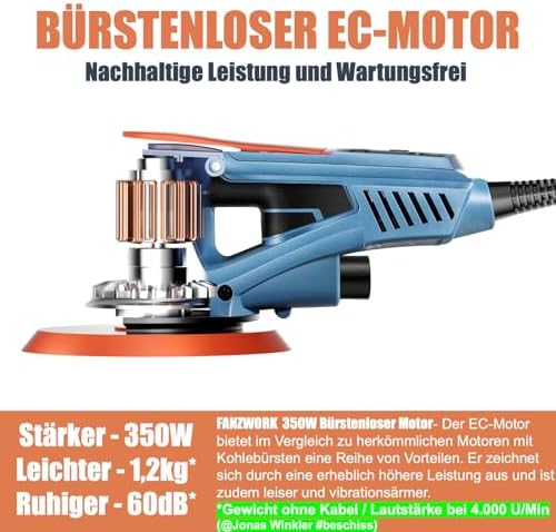 FANZWORK Bürstenloser Exzenterschleifer HG0024,mit 125mm/150mm Schleifteller,5mm Schleifhub, 7-Stufi