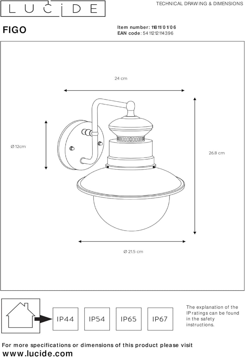 Lucide FIGO - Wandleuchte Aussen - Ø 21,3 cm - 1xE27 - IP44 - Zink Zinc, Zinc