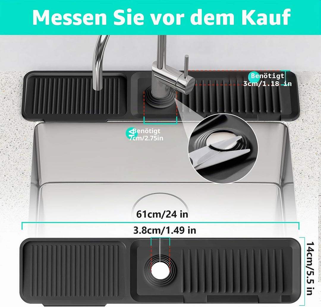 61 cm längerer Spritzschutz für Küchenspüle, 5 ° Neigung, schnelles Ablassen, Silikon-Abtropfmatte f