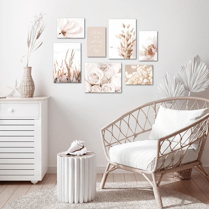 Novart Wandbilder Boho Blumen - KOMPLETT AUFHÄNGFERTIG - Beige Wohnzimmer Schlafzimmer- 7 Moderne Mo
