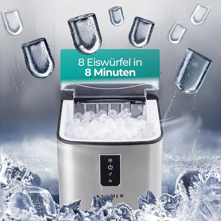 KLAMER Eiswürfelmaschine Edelstahl, 12 kg/24h, 8 Würfel in 8 Min, 1L | Geräuscharmer Kompressor, Tra