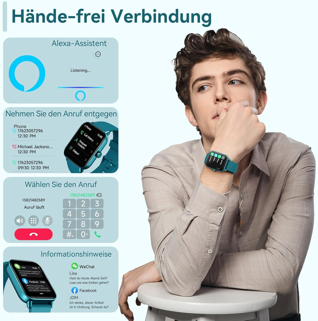 Smartwatch Herren mit Telefonfunktion,1,8" Fitnessuhr Damen mit Herzfrequenz SpO2 Stress Schlafmonit