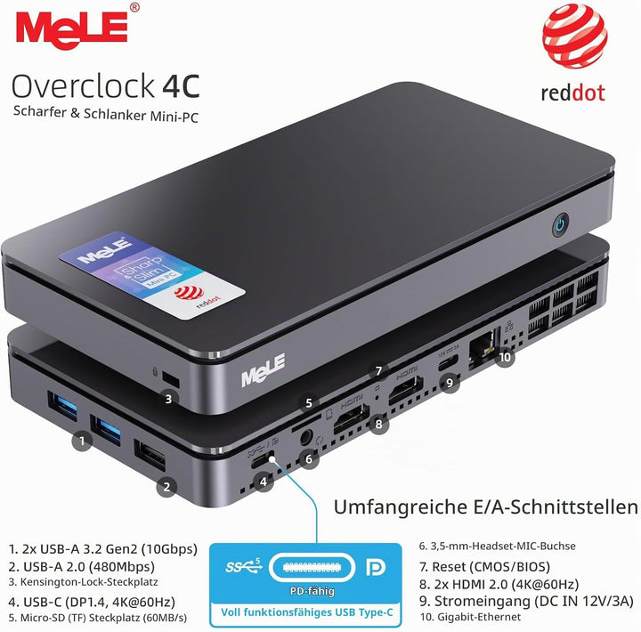 MeLE Mini-PC Overclock4C, Reddot-Gewinner 2024, Win 11 Pro N100 16GB 512GB, 4K-HDMI-Anzeige, USB-C P