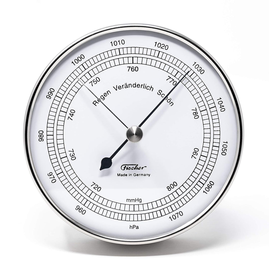 Fischer 15.01 - Barometer - 103mm Druckmessgerät mit Edelstahl-Gehäuse und weissem Ziffernblatt - Ma