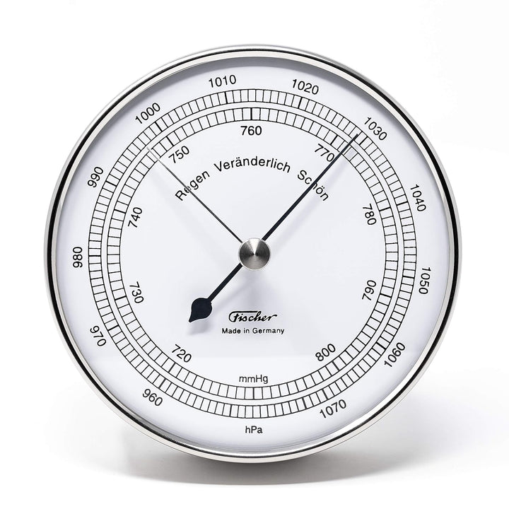 Fischer 15.01 - Barometer - 103mm Druckmessgerät mit Edelstahl-Gehäuse und weissem Ziffernblatt - Ma