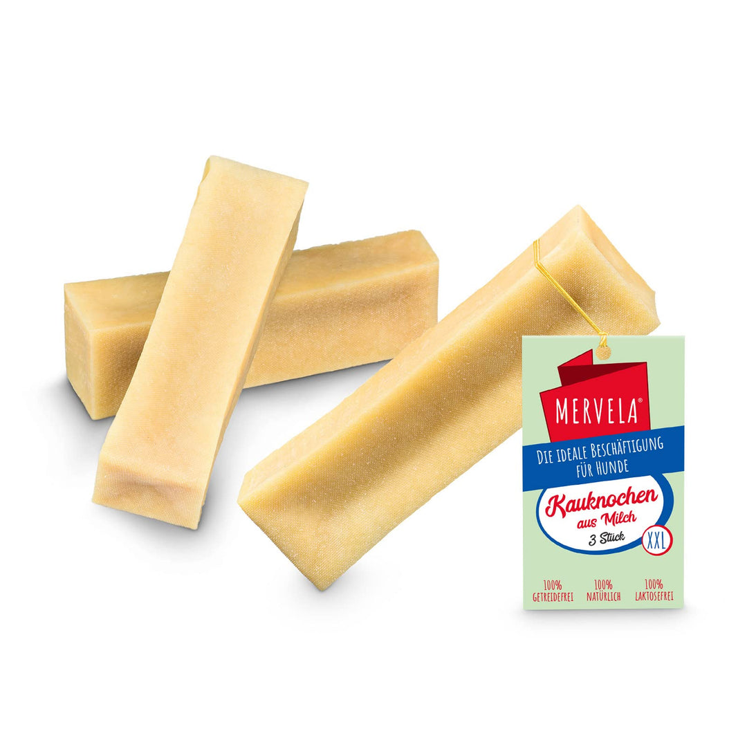 MERVELA® Kaukäse für Hunde | 3 * 170 Gramm | XXL | Käseknochen für Hunde | Beschäftigung & Belohnung
