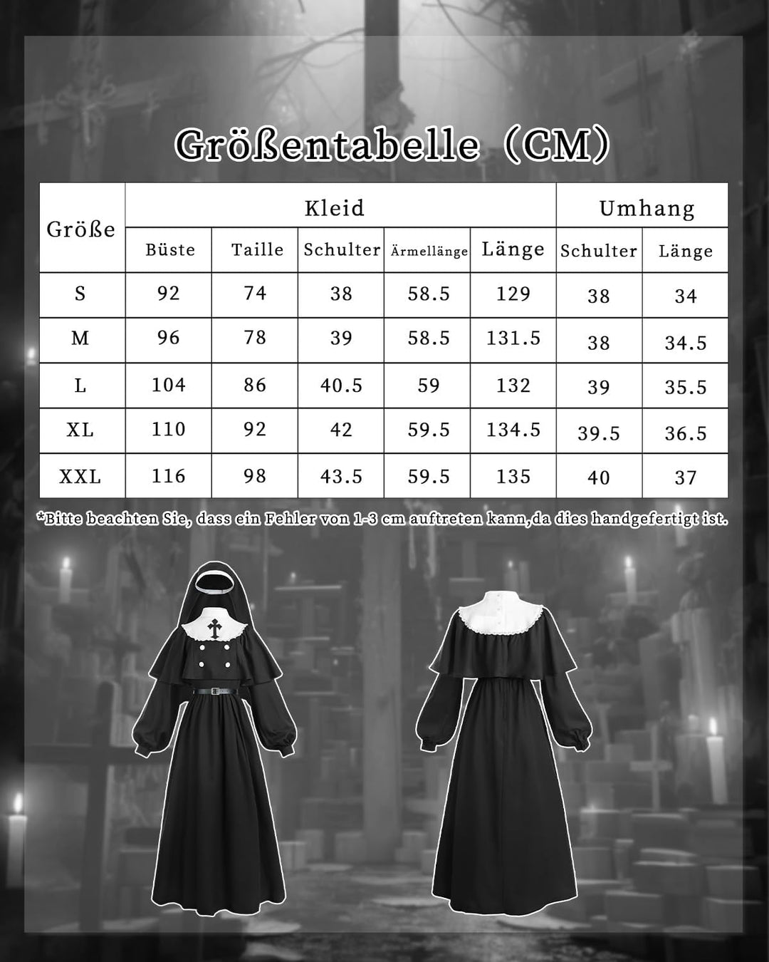 CR ROLECOS Nonnen Kostüm Damen,Faschingskostüme Damen Nonne für Erwachsene Kleidung Gothic Retro Kle