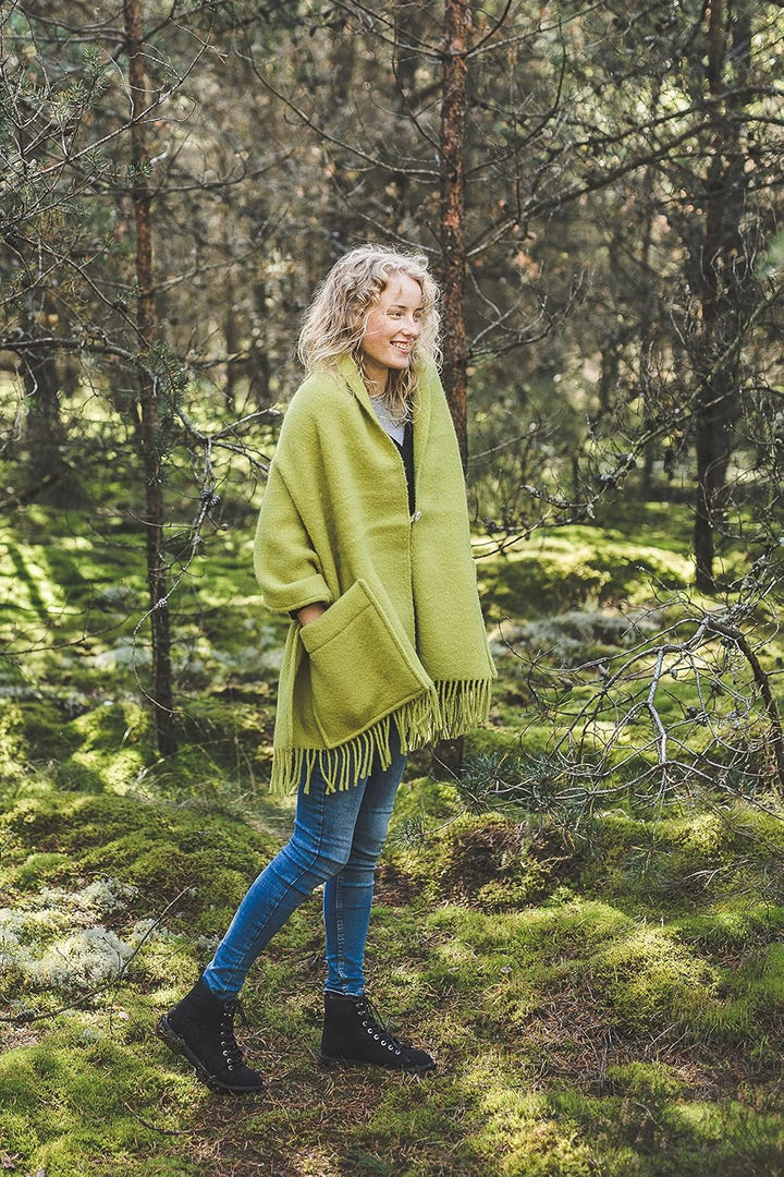 Damen Schal Schultertuch aus 100% Wolle mit Taschen - Poncho Stola 65x180cm + Fransen Tuch & Umschla