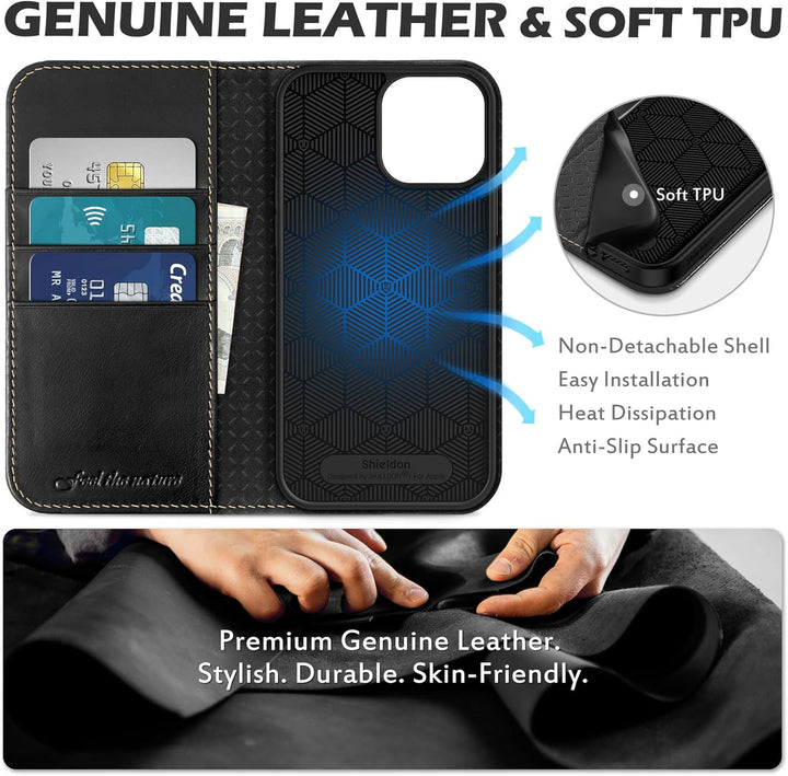 SHIELDON Hülle für iPhone 13 Pro Max, Stossfeste Schuzhülle [Echtleder] [Kartenfach] [Stand] [Verdic
