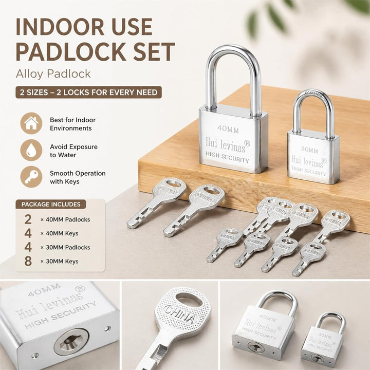 6 Stück Vorhängeschloss mit Schlüssel Set: 4×30mm Kurzbügel + 2×40mm Langbügel, gleichschliessend &