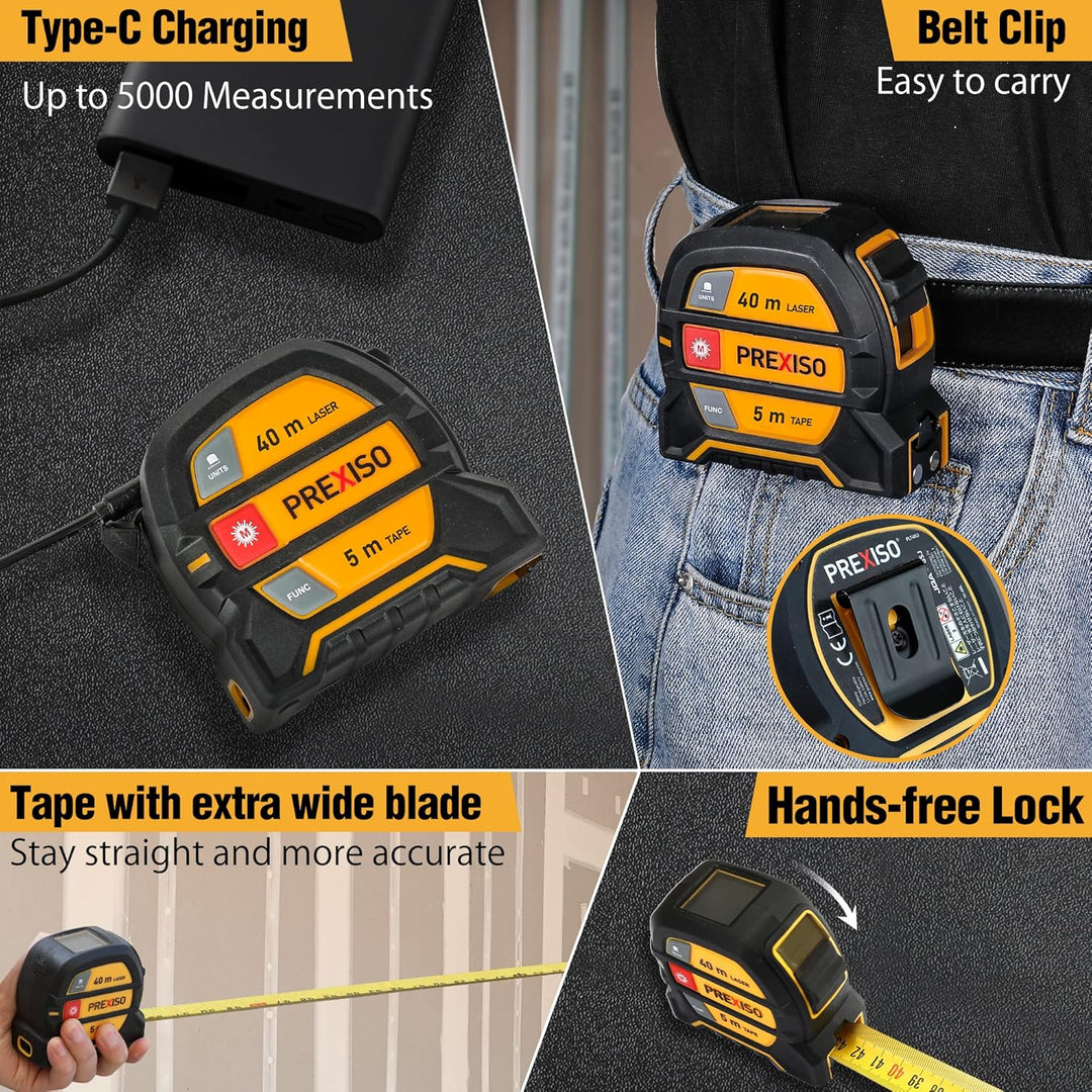 PREXISO Laser Entfernungsmesser 40m, Digitales, mit LCD Hintergrundbeleuchtung M/In/Ft, Wiederauflad