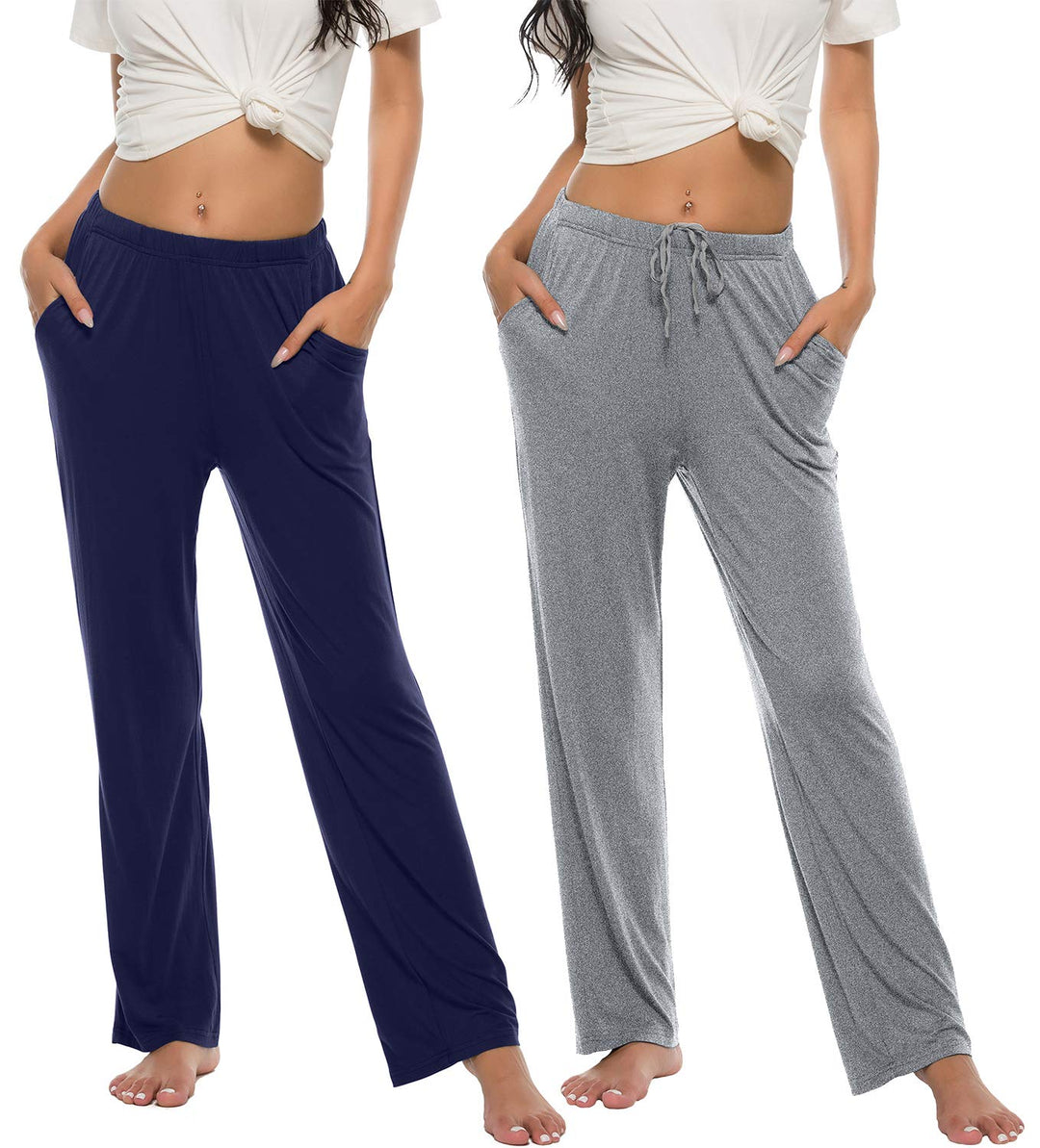 MoFiz Damen Schlafanzughose Lang Schlafhose Modal Nachtwäsche Weich Pyjamahose M Schwarzblau + Hellg