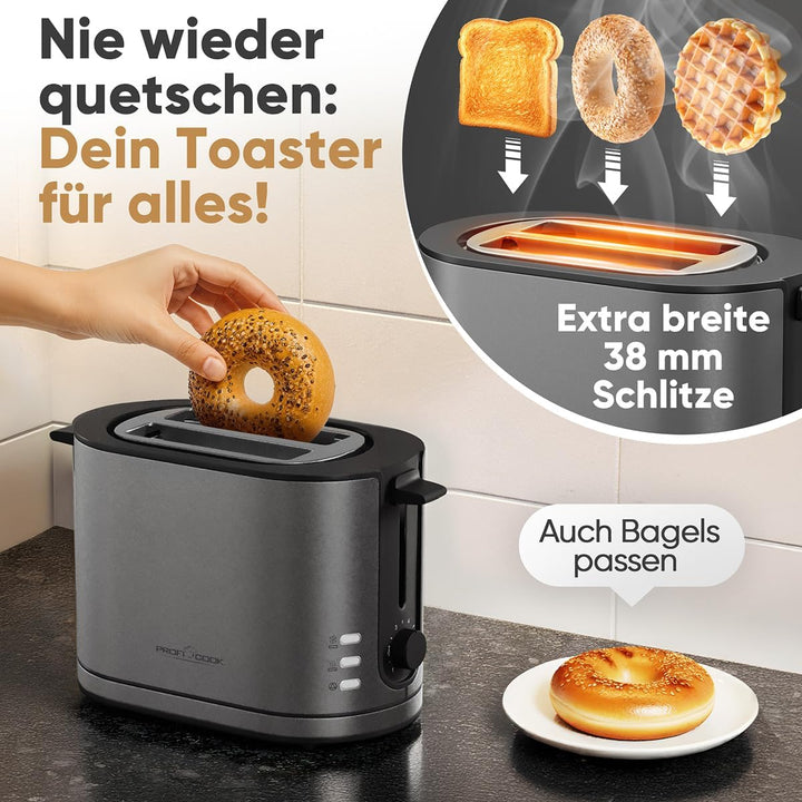 ProfiCook® Toaster 2 Scheiben mit Brötchenaufsatz | mattes Edelstahlgehäuse | 900W | extra breite To