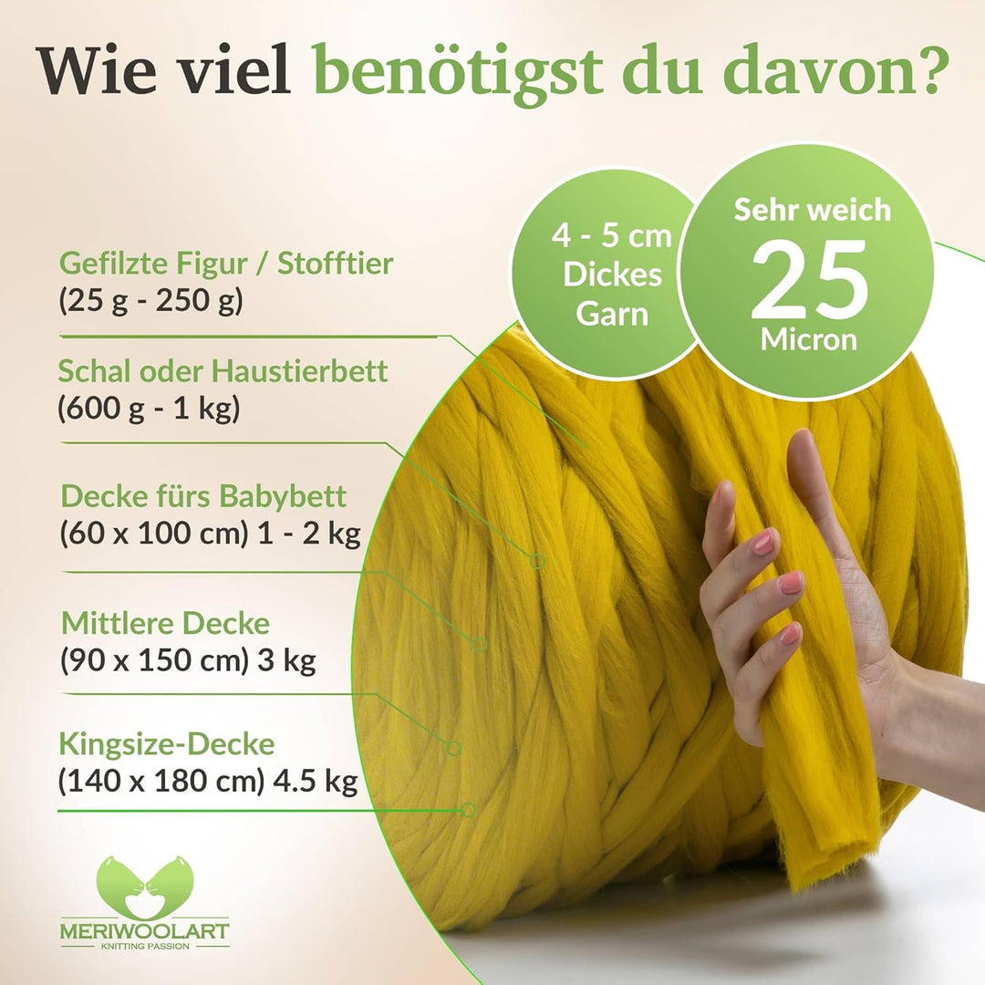 MeriWoolArt® 100% XXL Merino Wolle Garn 4-5cm Dicke Wolle Garn, Filzwolle Trockenfilzen Nassfilzen,
