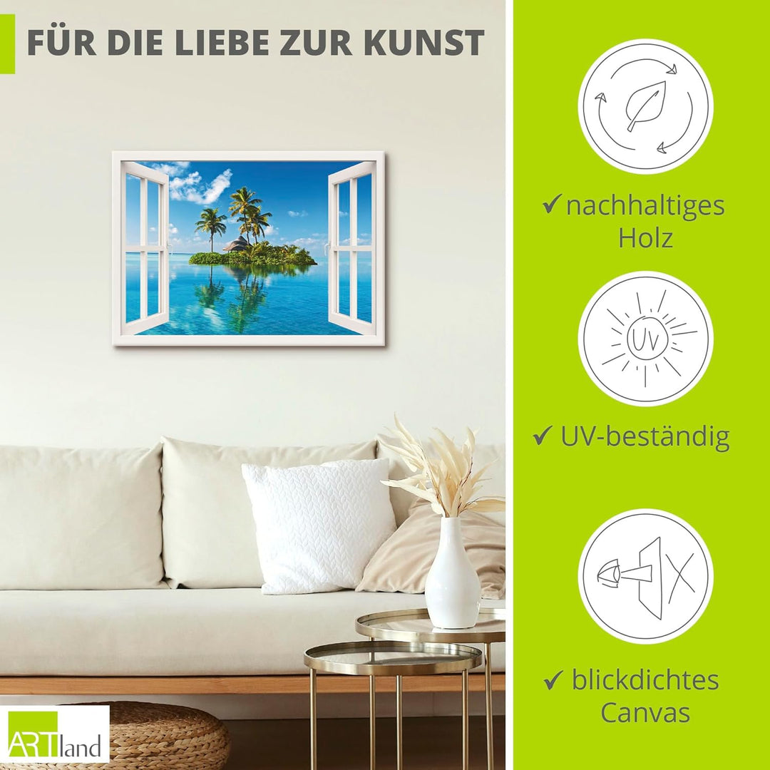 ARTland Leinwandbilder Wandbild Bild auf Leinwand 100x70 cm Fensterblick Fenster Meer Insel Palmen K