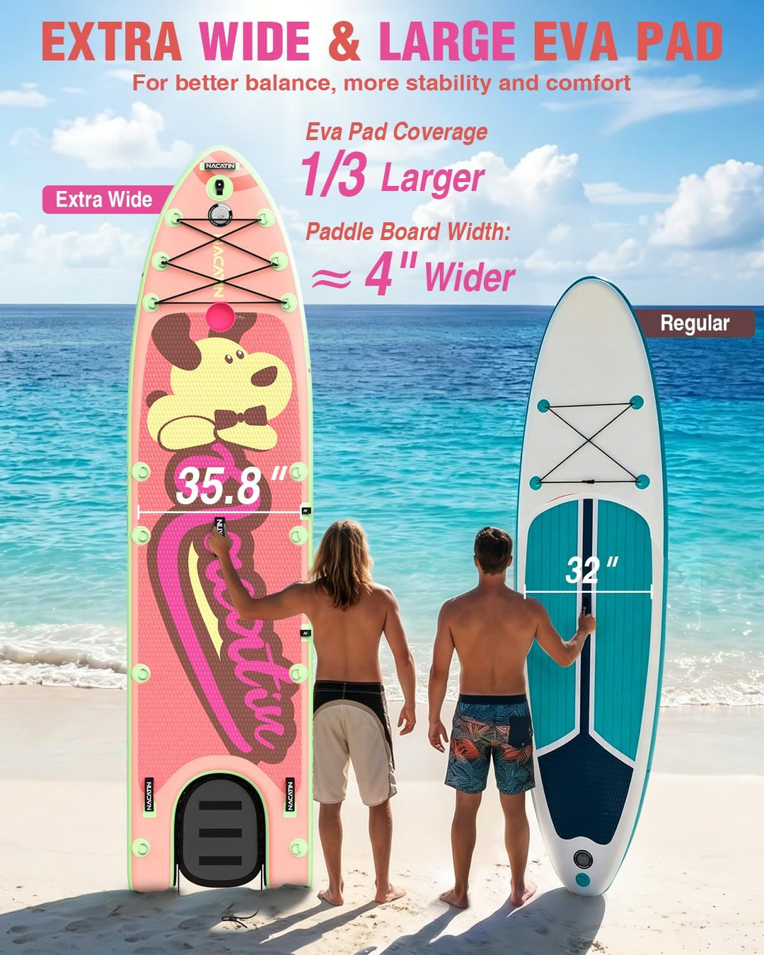 NACATIN 12'/366cm aufblasbares SUP Board mit Hunderampe, breites 36"/91cm Stand Up Paddling Board mi