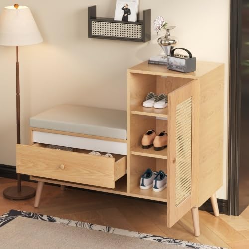 Merax Schuhschrank mit Rattan-Optik und Sitzbank – Multifunktionale Garderobenbank mit Schubladen &