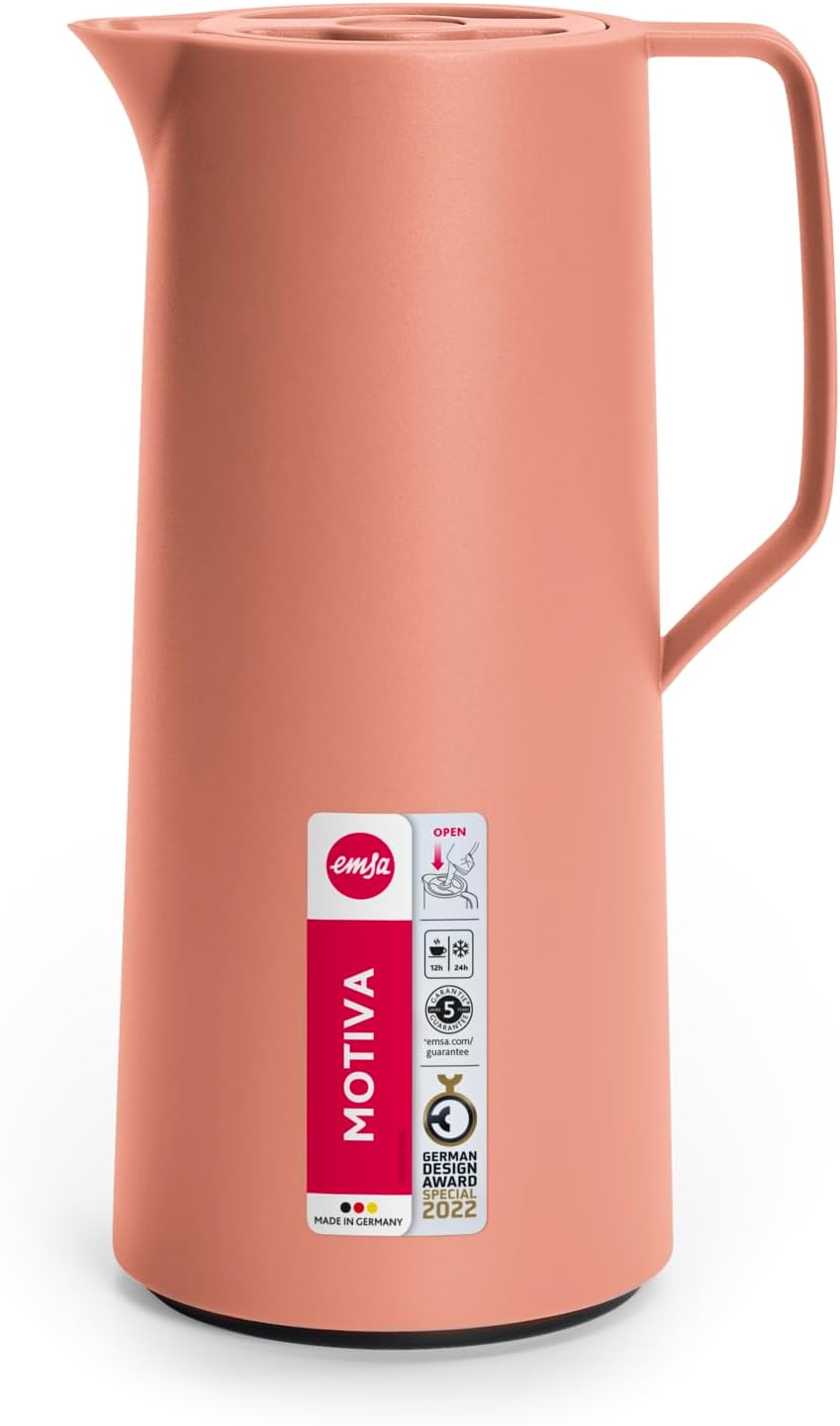 Emsa N41709 Motiva Isolierkanne | 1 Liter | Quick-Press-Verschluss | 12h heiss, 24h kalt | Glaskolbe