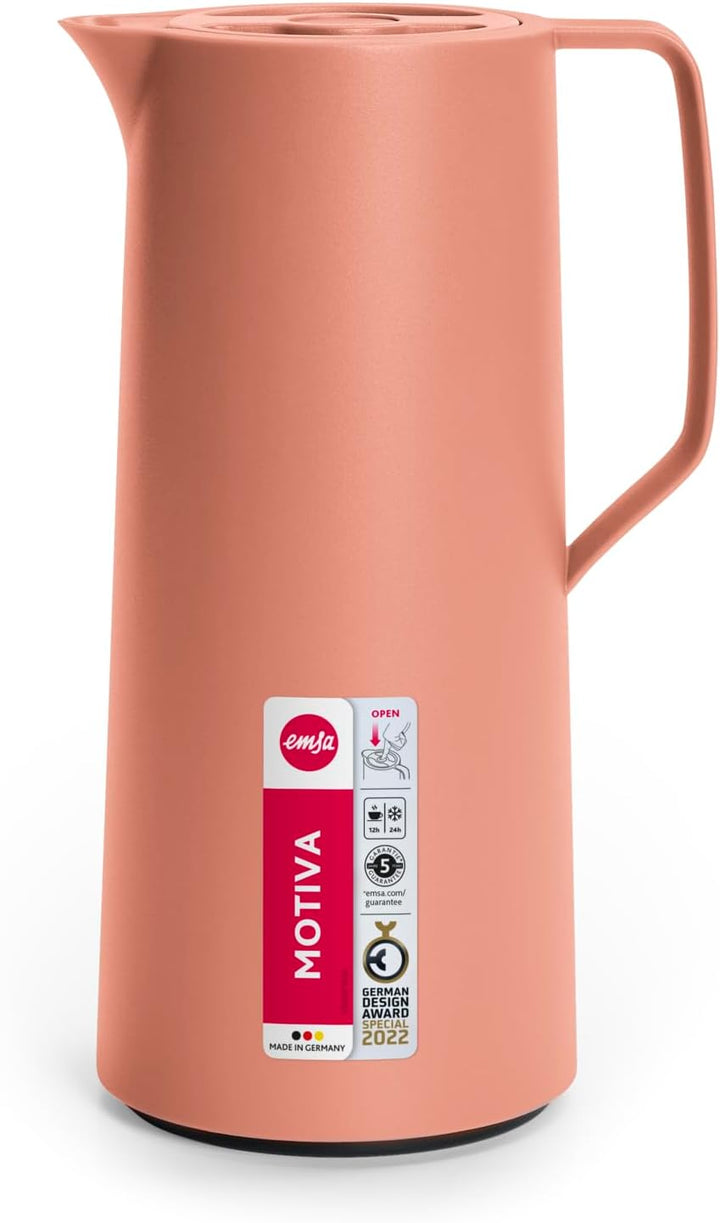 Emsa N41709 Motiva Isolierkanne | 1 Liter | Quick-Press-Verschluss | 12h heiss, 24h kalt | Glaskolbe