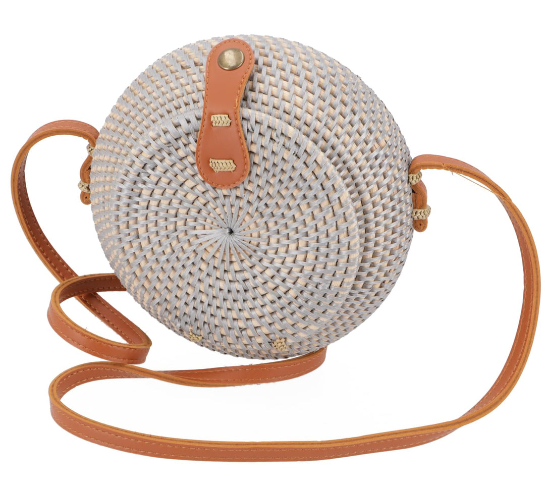 GURU SHOP Geflochtene Handtasche, Korbtasche, Rattantasche, Balitasche Rund, 20x20x7 cm Modell 4, Mo