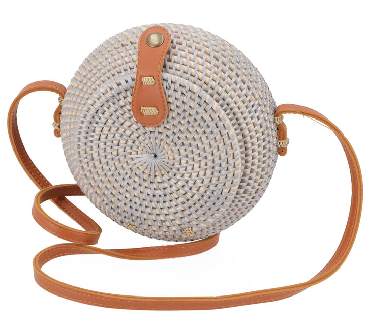GURU SHOP Geflochtene Handtasche, Korbtasche, Rattantasche, Balitasche Rund, 20x20x7 cm Modell 4, Mo