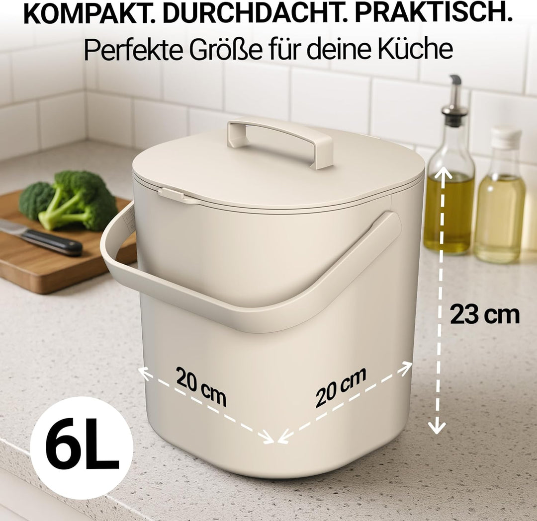 PTMS® Biomülleimer Küche 6L - Biomüll mit praktischem Deckel zum Einhängen & Innensieb - Spülmaschin