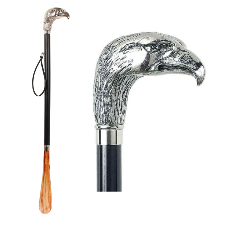 DELFA Design Schuhanzieher Schuhlöffel 70 cm mit silbernem Adler als Griff - schwarzer Holzschaft mi