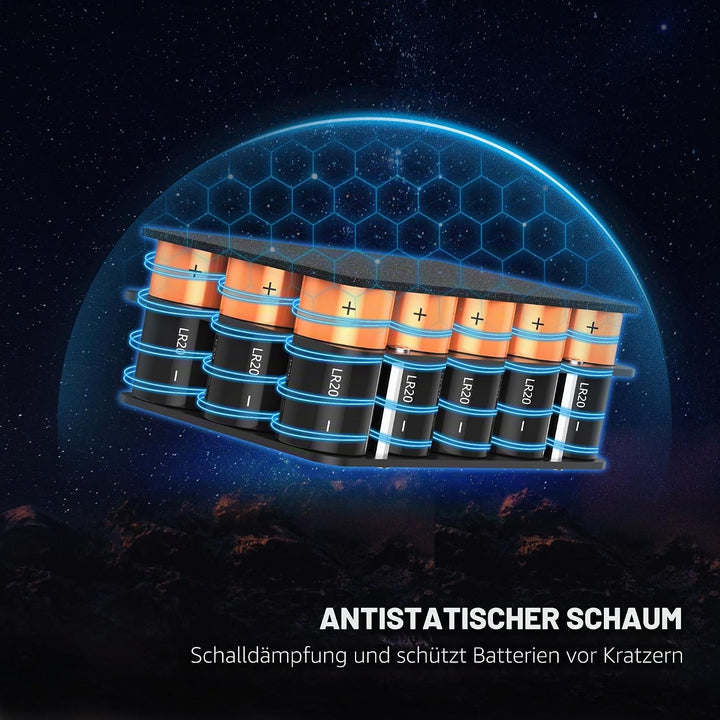 KIWIFOTOS Batterie-Organizer mit 15 Steckplätzen, Typ D, robust, IP67, wasserdicht, LR20/D/AM1 Zelle