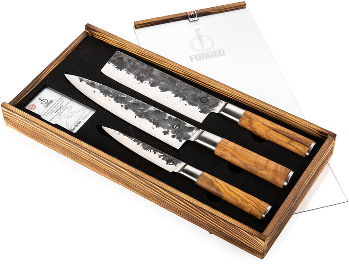 Forged Olive Messerset 3-teilig, handgefertigt, in Holzkiste