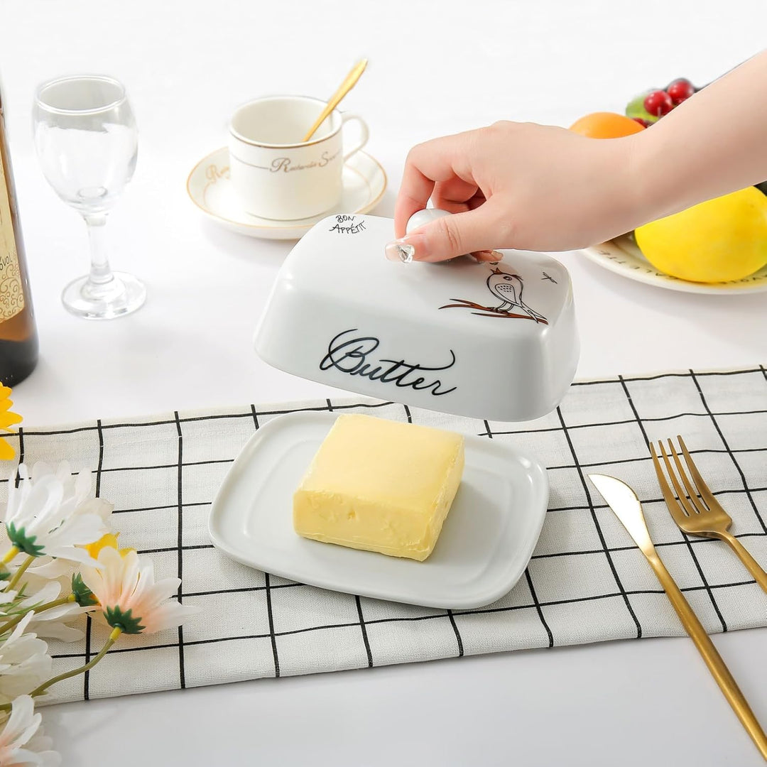 Butterdose mit Griff für 250g Butter, Hochwertige Keramik, Weiss mit Farbigem Vogelmuster, Porzellan