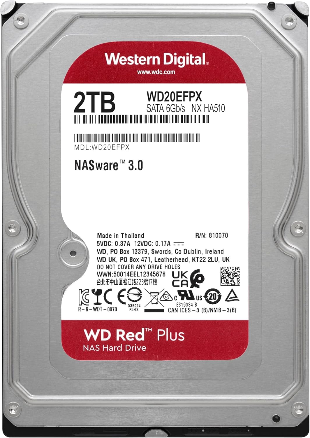 WD Red Plus interne Festplatte NAS 2 TB (3,5 Zoll, Workload-Rate 180 TB/Jahr, 5.400 U/min, 64 MB Cac