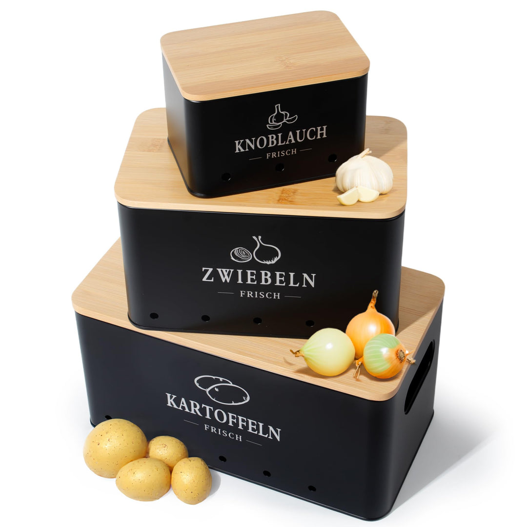 Kartoffel Aufbewahrungsbox 3er Set, 360° Luftzirkulation für längere Frische, Für Zwiebeln, Kartoffe