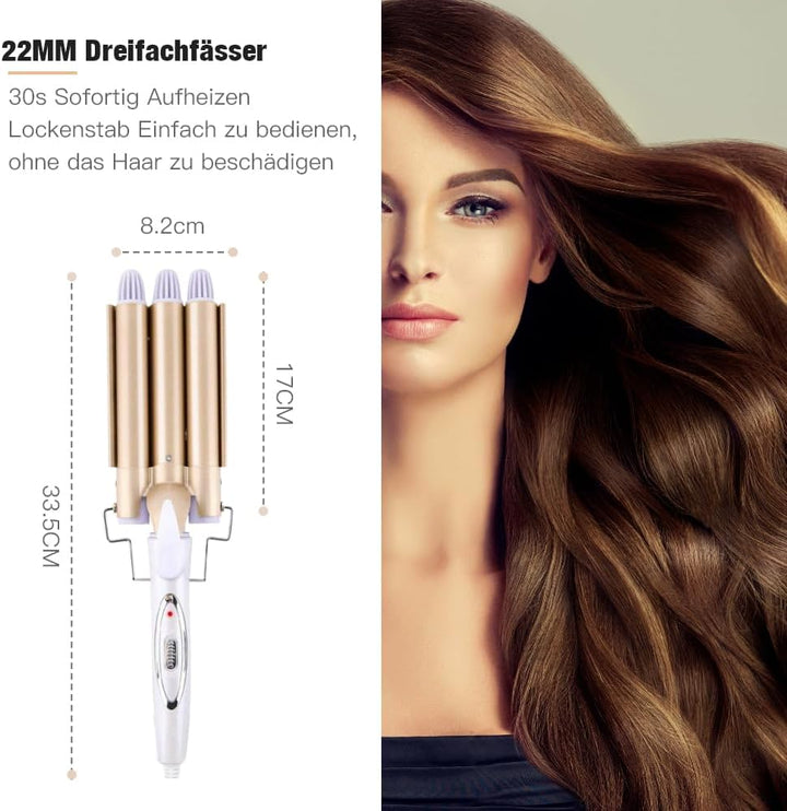 3 Fässer Lockenstab Grosse Wellen, Reyke 22mm welleneisen mit einstellbarer Temperatur, Welleisen Sc
