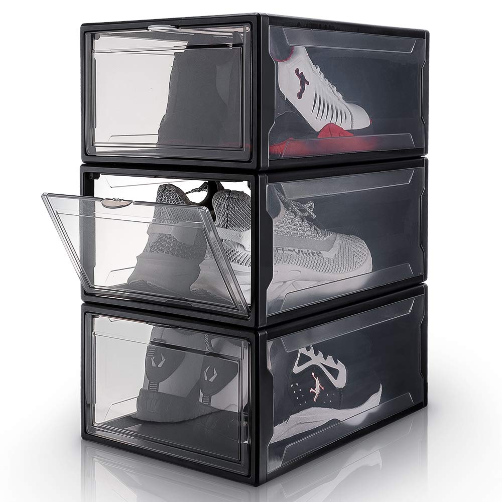Yorbay Schuhbox, 3er Set, stapelbarer Schuhorganizer, Kunststoffbox mit durchsichtiger Tür, Mehrweg