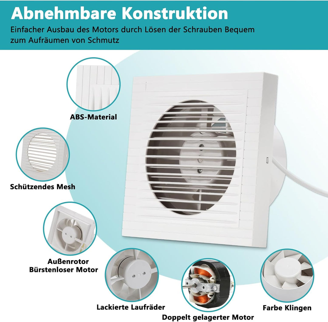 Badlüfter 100 mm – Leiser Abluftventilator für Bad, WC und Küche, mit Kupfermotor, 130 m³/h, gegen F