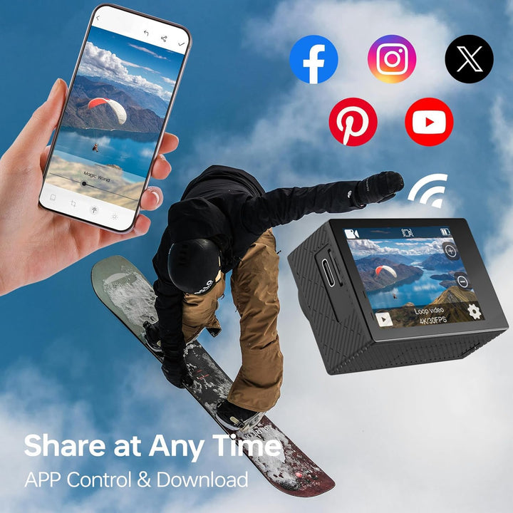 Speed 10 Action Cam, 5K30FPS 30MP Action Cam 40M Underwater Camera Waterproof WiFi 170° Ultra Wide A