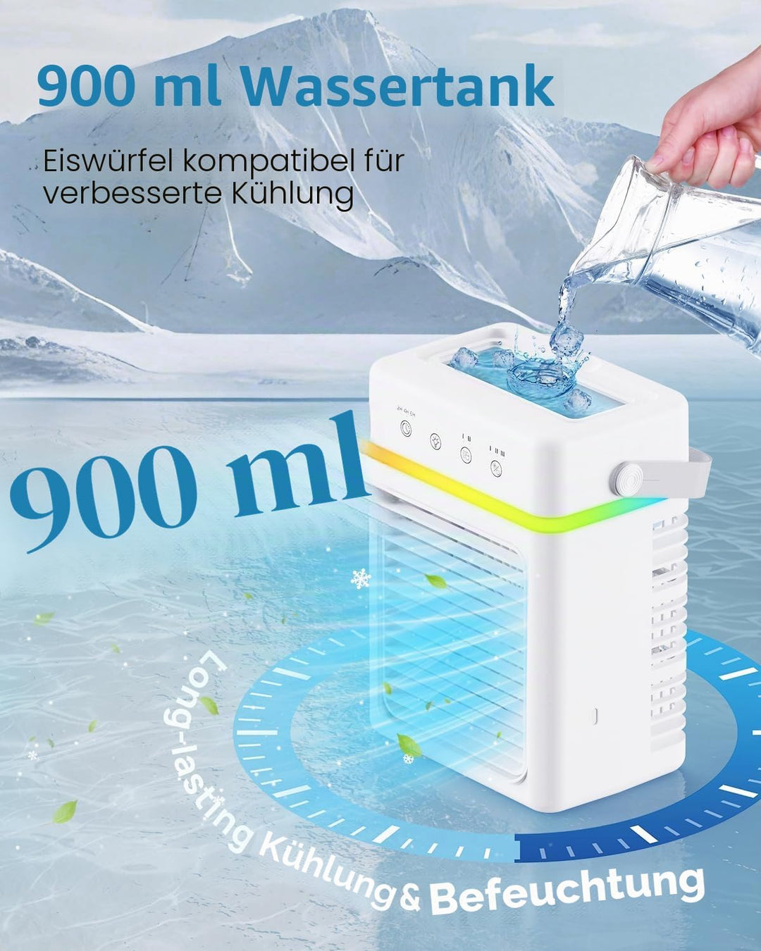 Mobile Klimaanlage Klein 900ML – Mobiles Klimagerät 3 Gebläsestufen &amp; 3 Nebelmodi, Luftkühler mit Wa