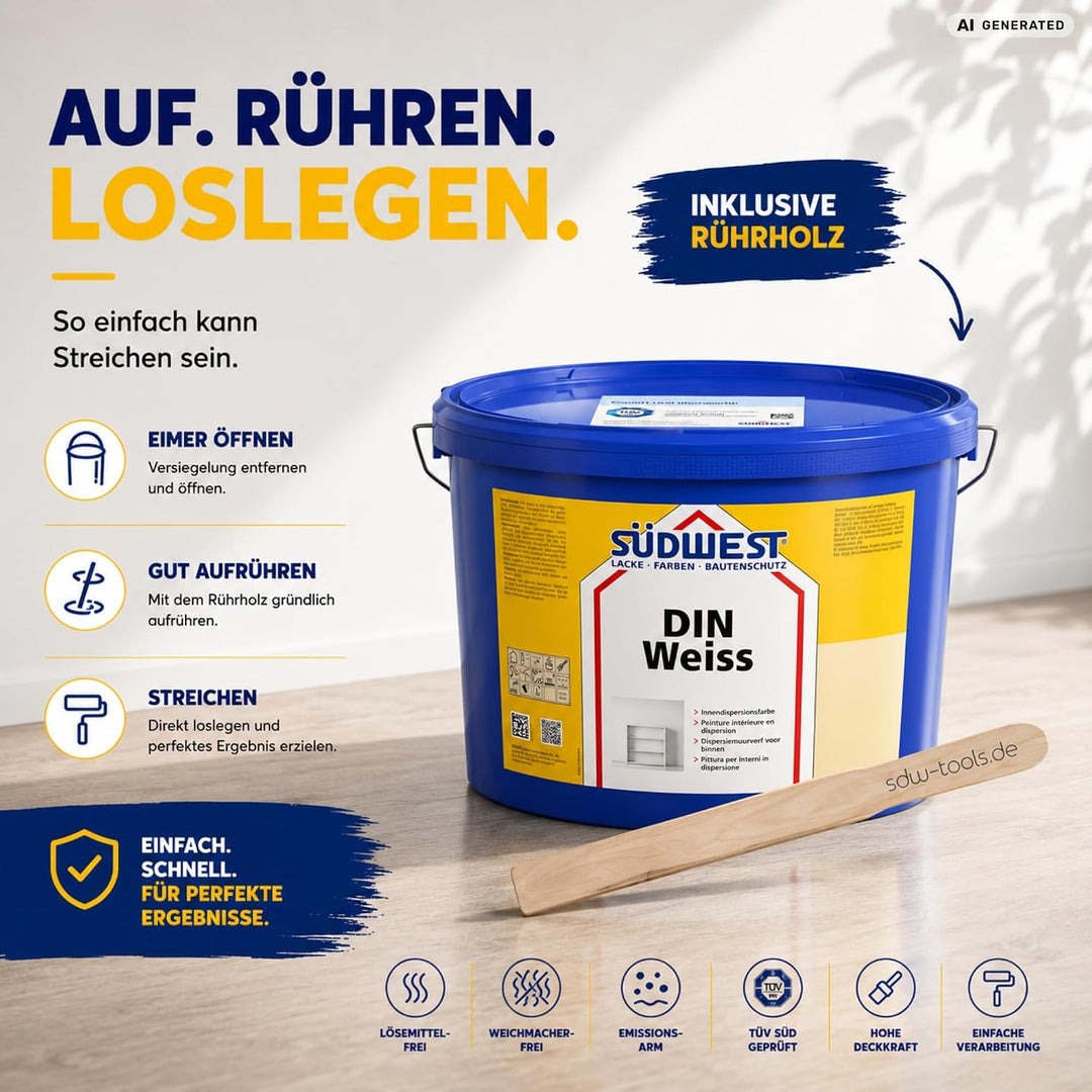 Südwest DIN Weiss 12,5 Liter mit sdw-tools Rührholz 125.00 ml (100er Pack), 125.00 ml (100er Pack)