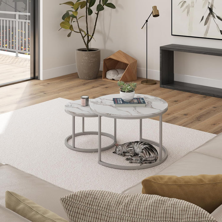 Marmor Couchtisch Rund Weiss, Wohnzimmertisch Weiss, Moderner Couchtisch Silber satztische fürs Wohn