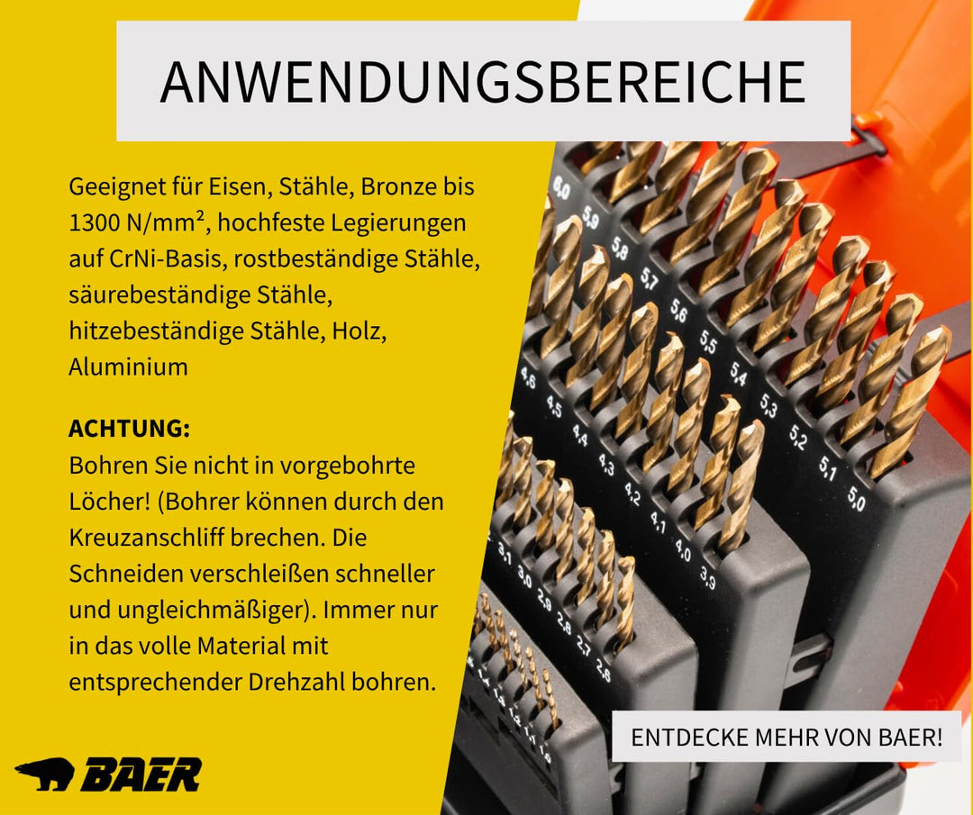 BAER Spiralbohrer Set HSSE inklusive Bohrpaste (0,1mm steigend) 1-6 mm - Spiralbohrersatz aus hochle
