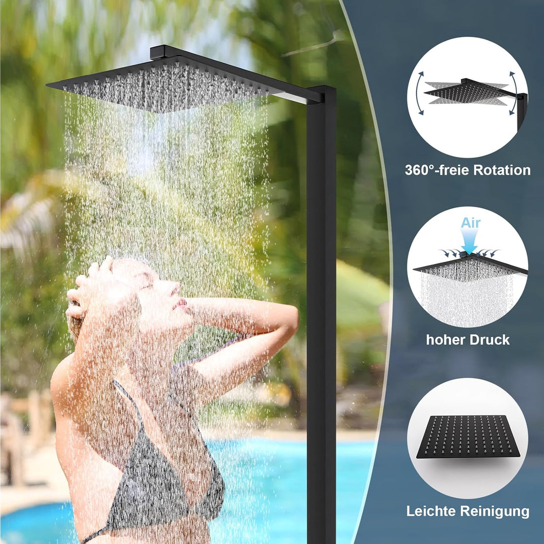 Freistehende Schwarze Edelstahl Gartendusche mit Warm- &amp; Kaltwasser | 10-Zoll Regenduschkopf, Edelst