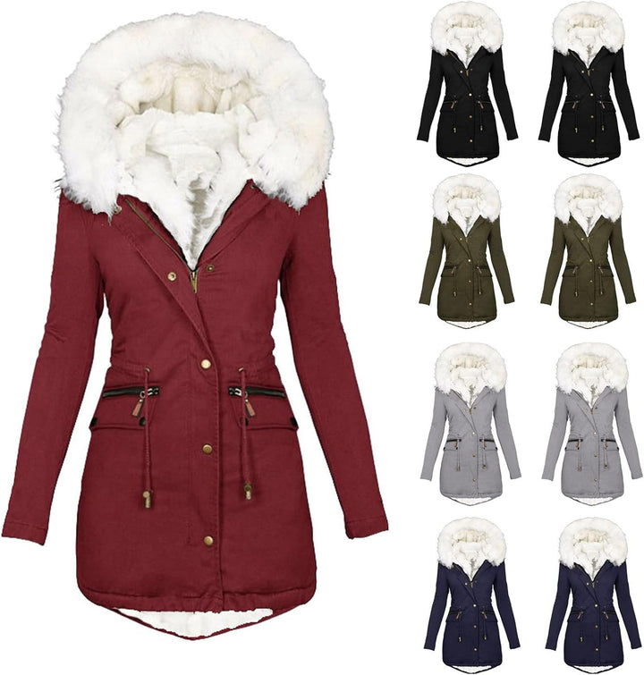 EMATOP Wintermantel Damen Warmer Lang Jacke Baumwolle Einfarbig Wanderjacke mit Kapuze Wintermantel