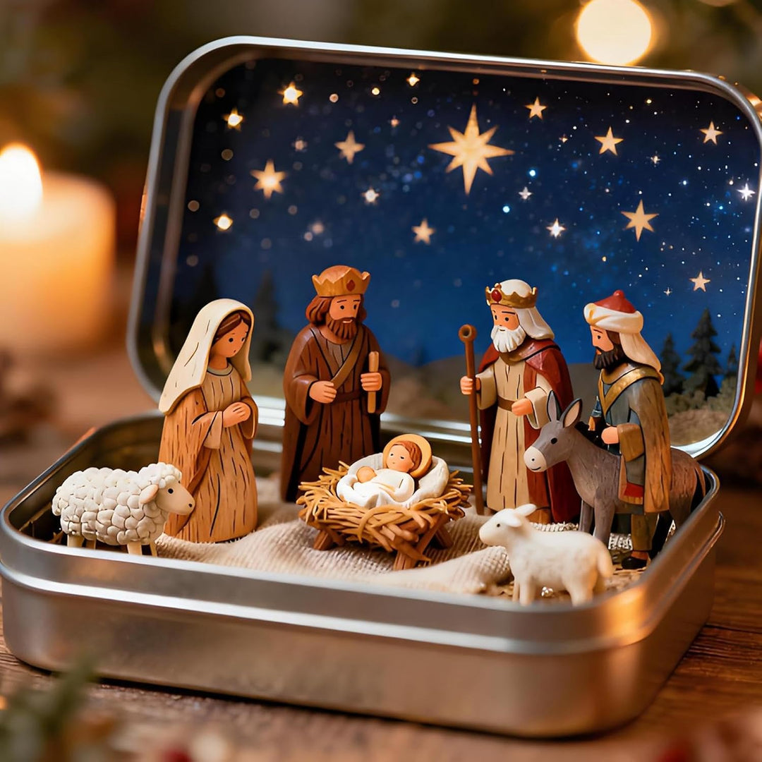 Mini-Weihnachtskrippen-Set in dekorativer Blechdose, Harzfiguren mit Sternennacht-Hintergrund, 9,5 x