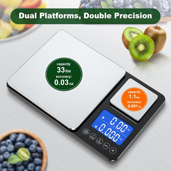 BRICH küchenwaage digital mit Dualer Plattform – 500g/0,01g & 15kg/1g Präzision, Summierfunktion, 7