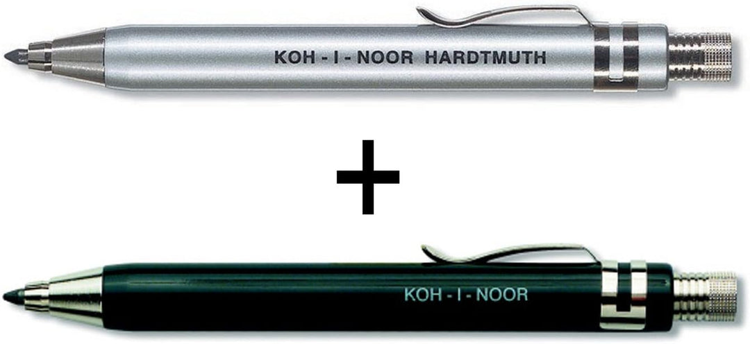 Koh-I-Noor 5358 Druckbleistifte aus Metall mit Spitzer und Clip, verschiedene Sets, Silber und Schwa