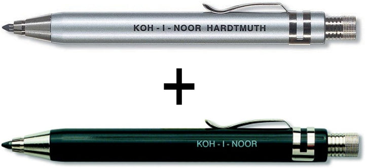 Koh-I-Noor 5358 Druckbleistifte aus Metall mit Spitzer und Clip, verschiedene Sets, Silber und Schwa