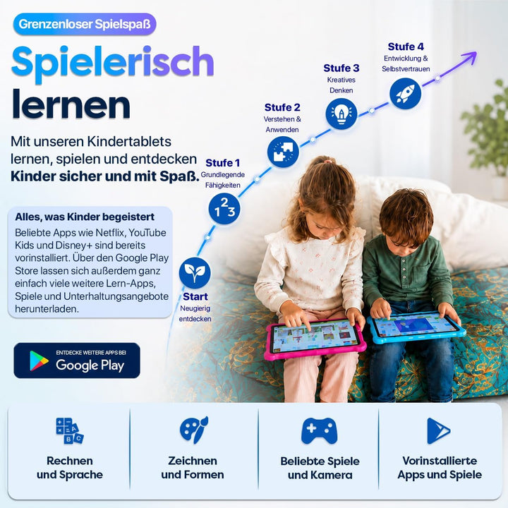 AngelTech Tablet Touchscreen für Kinder XL Pro II – 10 Zoll HD – 4 + 3 GB RAM – 64 + 128 GB ROM – Oc