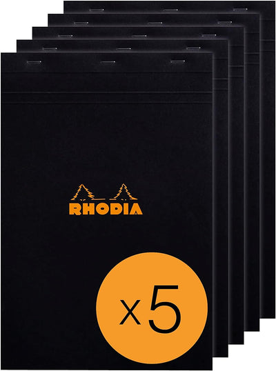 Rhodia 192009C - Packung mit 5 Notizblöcken geheftet No.19 A4+ 80 Blätter kariert 80g, Schwarz, 1 Pa