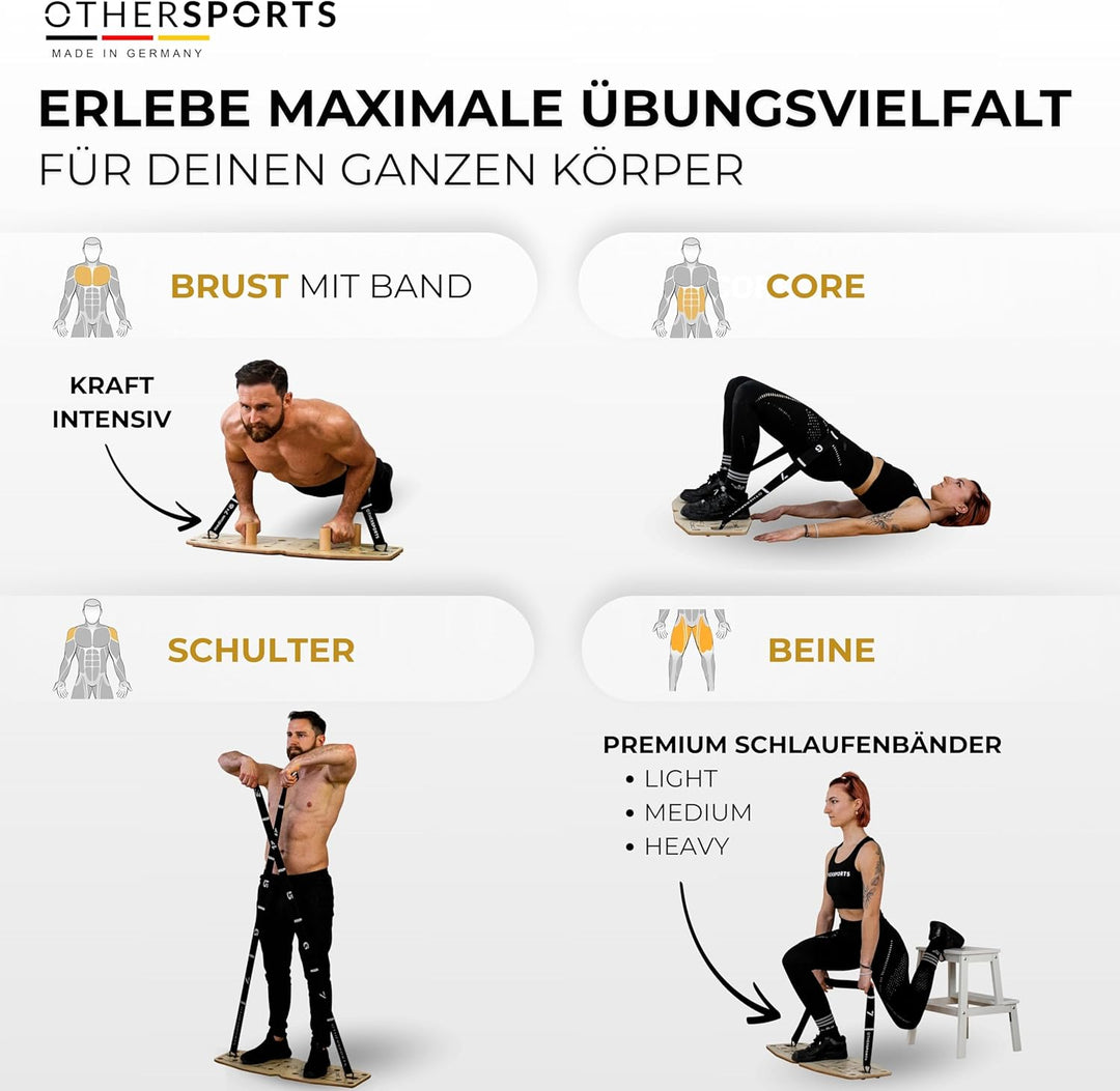 Liegestütze Brett aus Echtholz mit Fitness Bändern – Push up Board Fitnesstraining für gezielten Kra