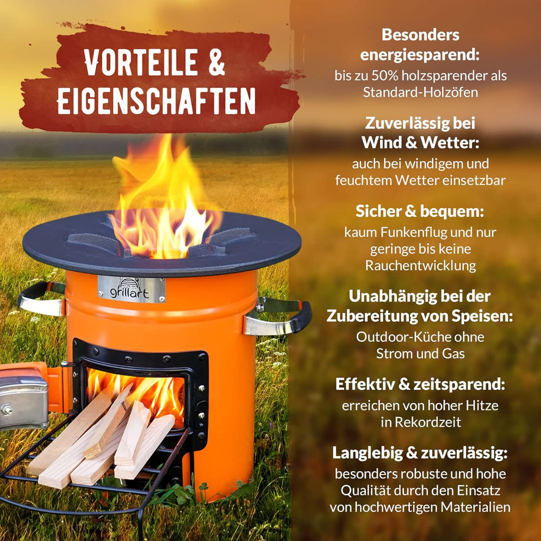 grillart® Raketenofen Outdoor “Powertrain” (mit Tragetasche) orange – effizienter Holzofen als Campi